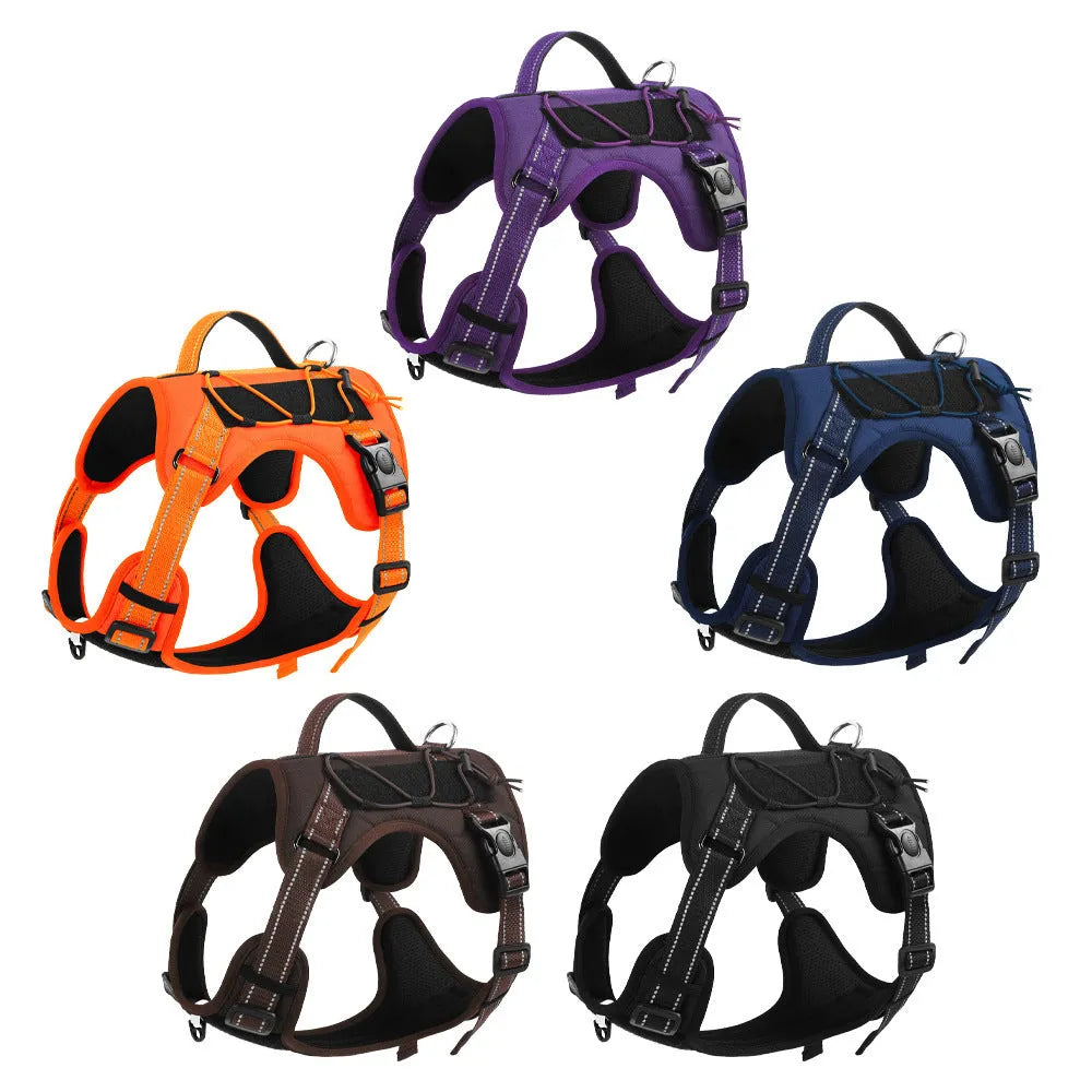 Orange reflective dog vest harness with integrated black hand-holding rope and adjustable straps.