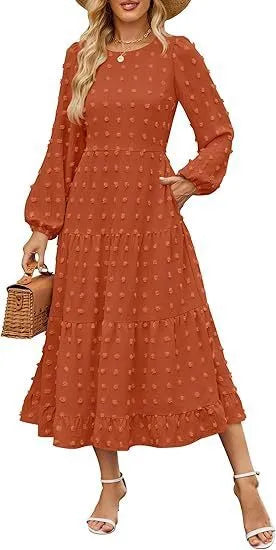 Women's long sleeve autumn dress with high waist and ruffle sleeves in solid colour