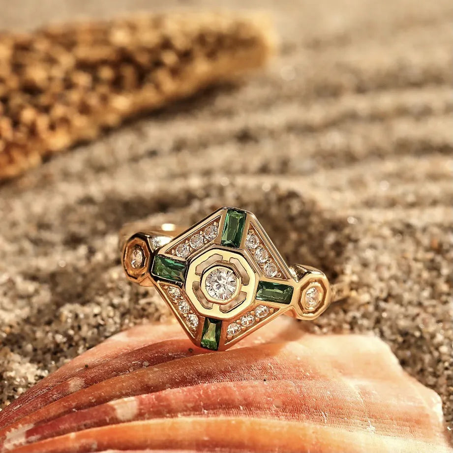 Emerald green square diamond ring with geometric design and electroplated finish