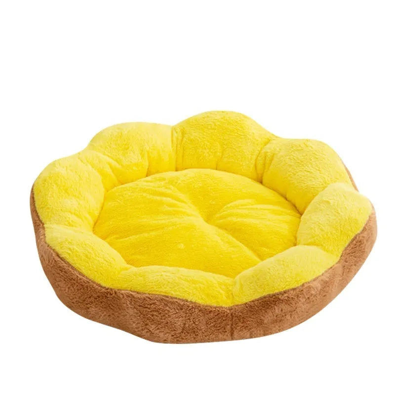 Round rabbit plush cat bed with a detachable cover in a grey and black colour.