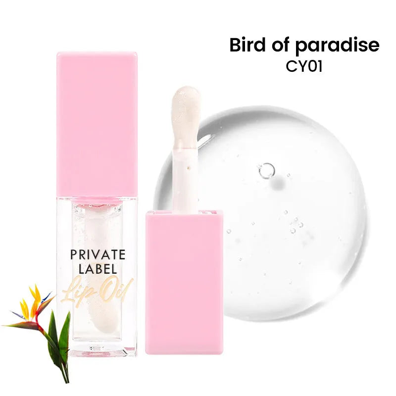 Set of six transparent lip gloss tubes in shades Bird of Paradise, Cherry, Coral, Mango, Strawberry, Watermelon