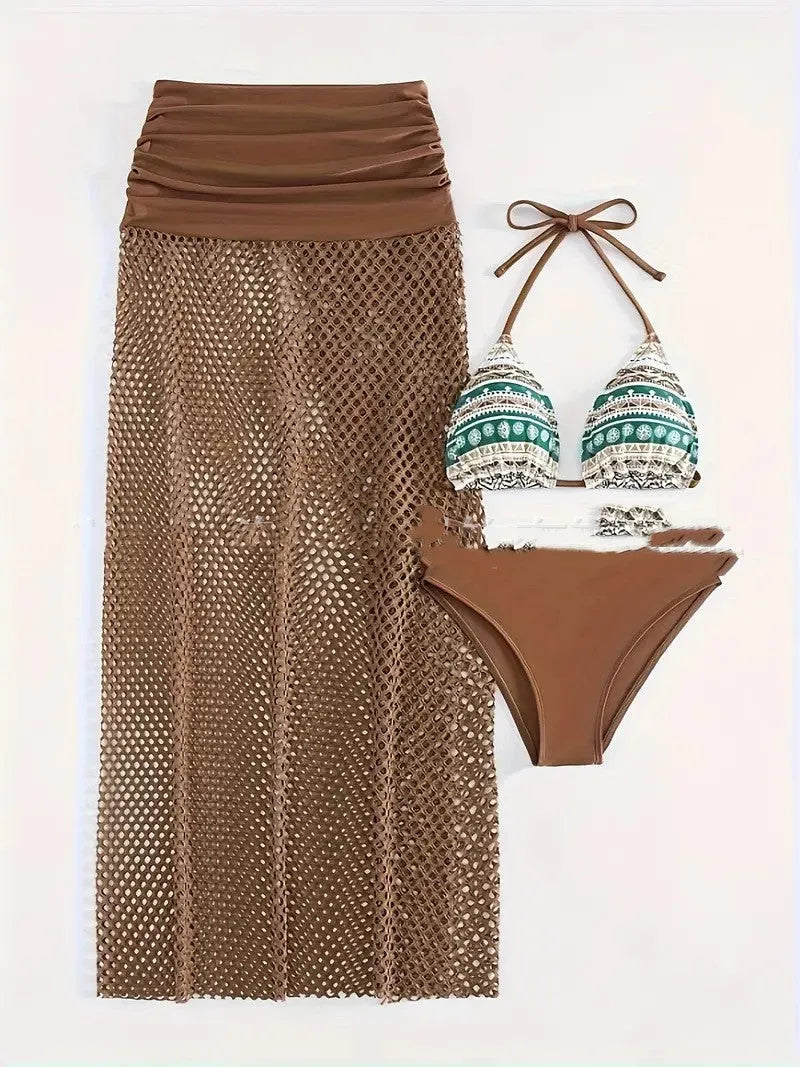 Women's brown gradient bikini set with fishnet long skirt, laid flat showing all three pieces.
