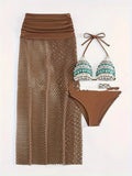 Women's brown gradient bikini set with fishnet long skirt, laid flat showing all three pieces.