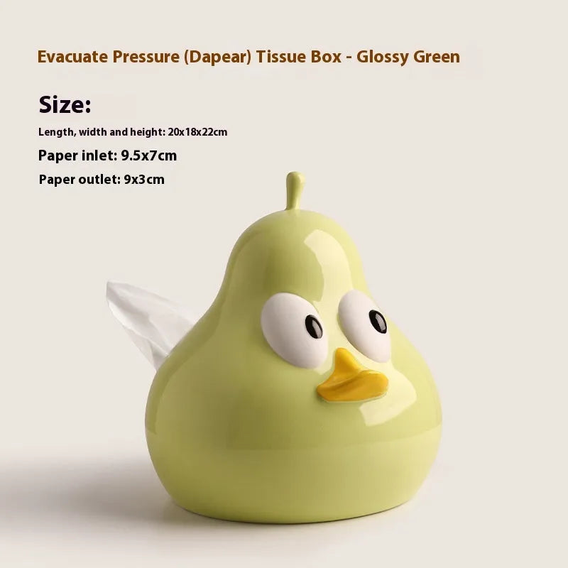 White porcelain ceramic pear-shaped tissue box with cute animal design in green or black colour