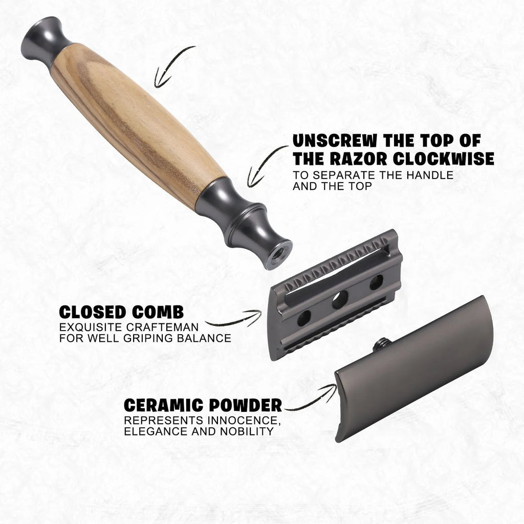 Men's copper manual shaving razor with olive wood handle and aluminium alloy blade holder