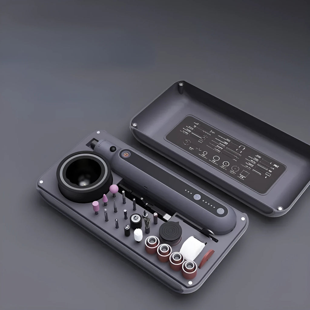 Mini electric polishing and grinding machine set with lithium battery, shown with 5-speed dial.