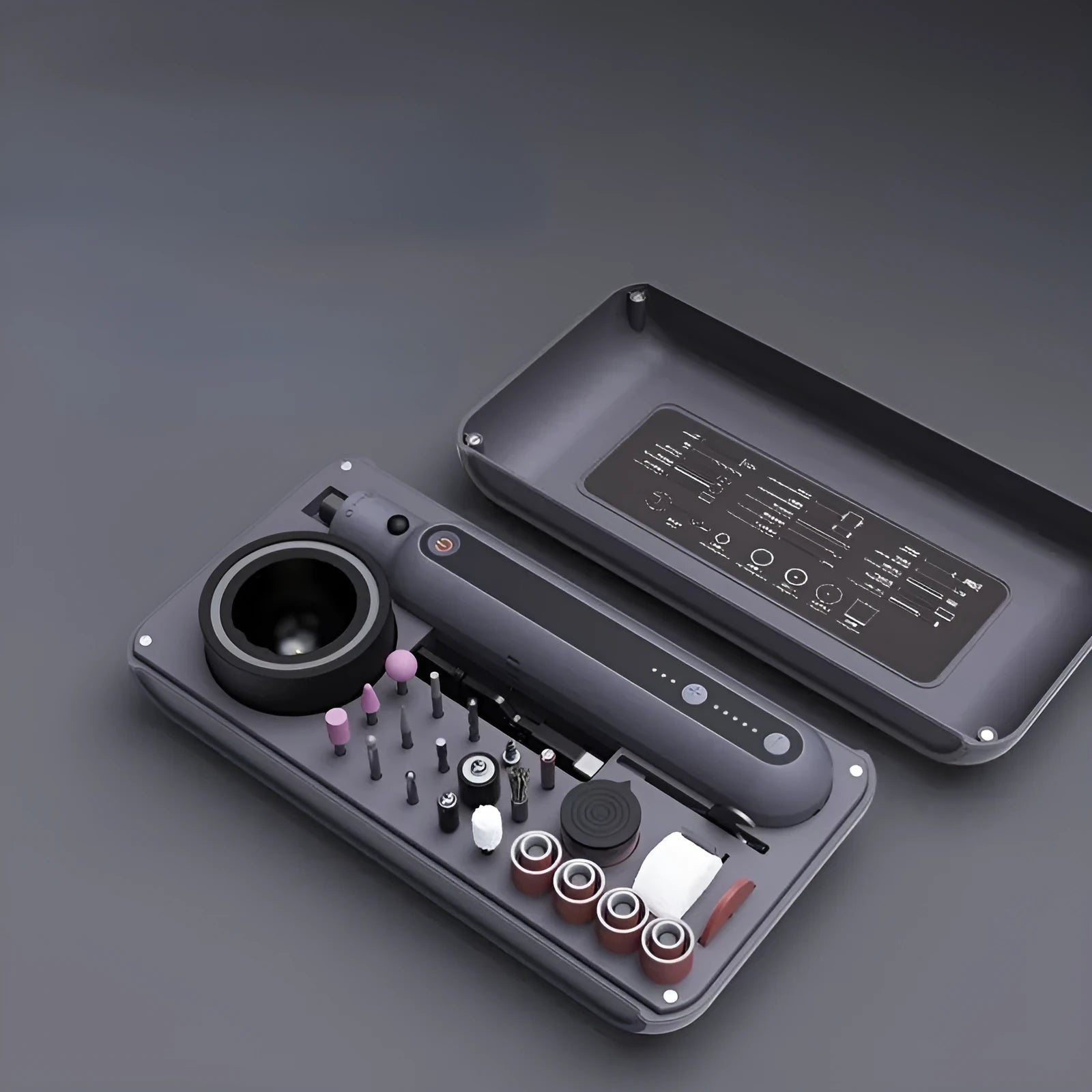 Mini electric polishing and grinding machine set with lithium battery, shown with 5-speed dial.