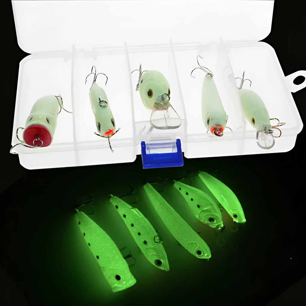 Set of five 3D fluorescent simulation hard bait fishing lures with luminous features
