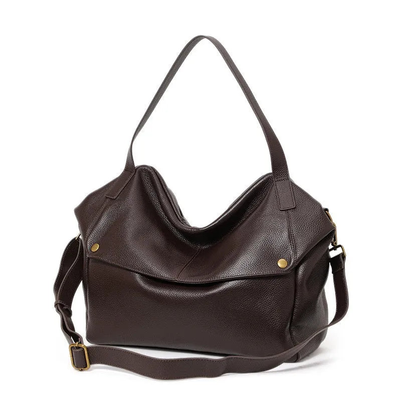 Brown genuine leather women's shoulder bag with horizontal square shape and internal organiser compartment