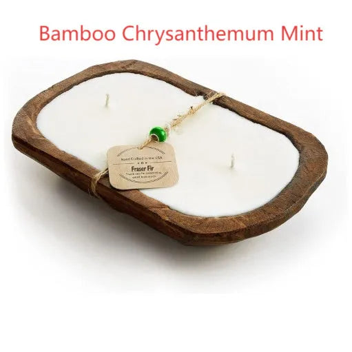 Retro wooden basin container with a triple-wick soy aromatherapy candle in lavender scent