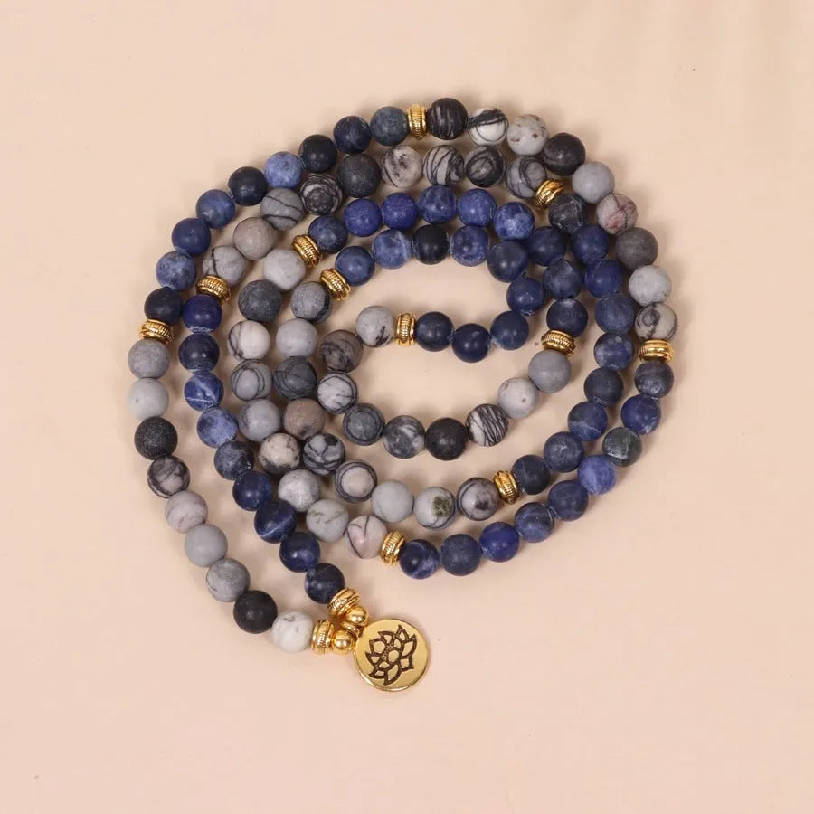 Blue patterned network stone bead multi-layer bracelet with adjustable alloy chain