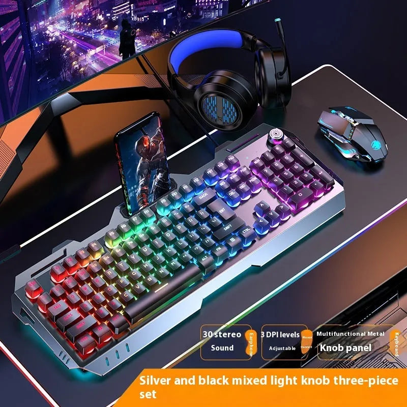 Aluminium mechanical-feel keyboard with control knob in silver black or metal grey colour with RGB lighting