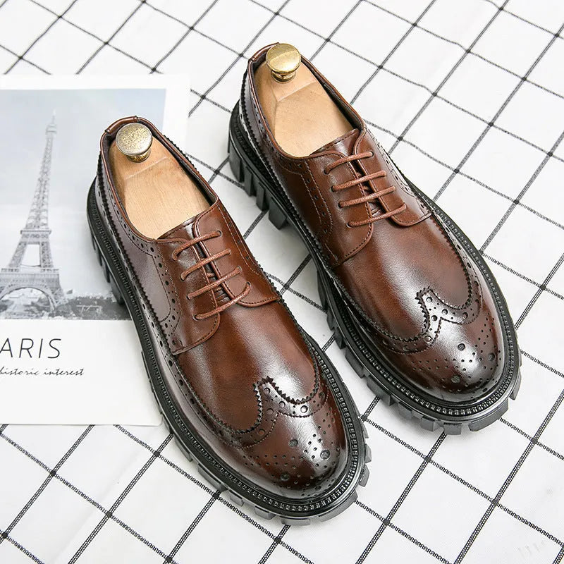 Men's black and brown artificial PU brogue shoes with round toe for business formal wear