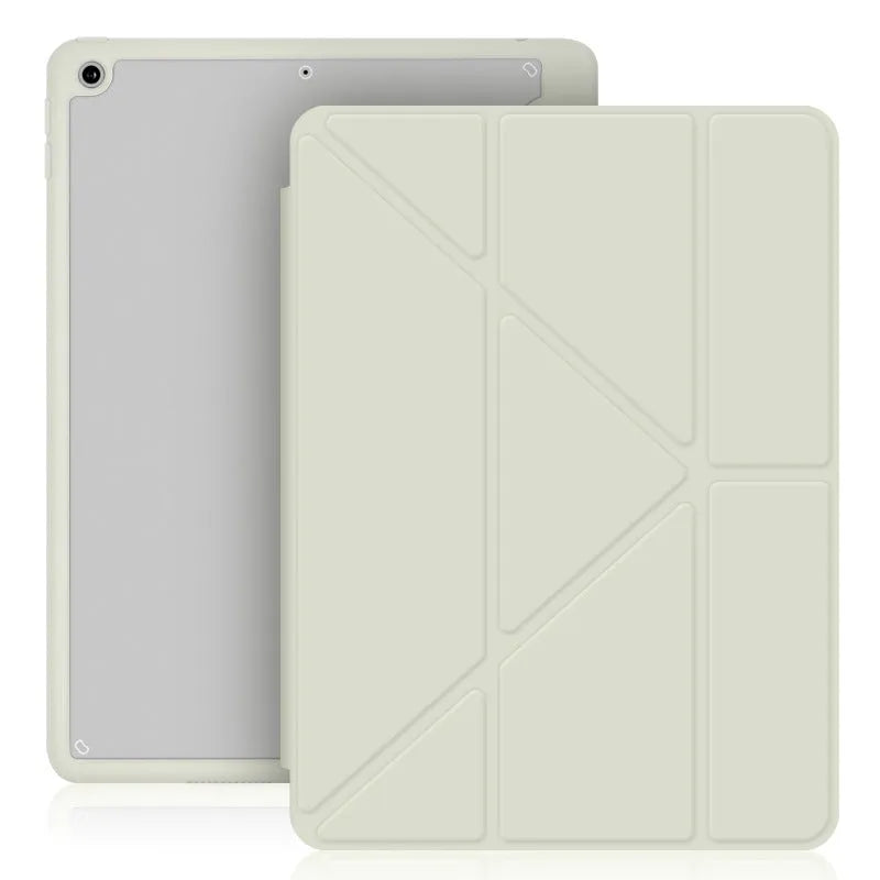 iPad protective case with Y-folding bracket design showing pen storage slot and imitation leather finish