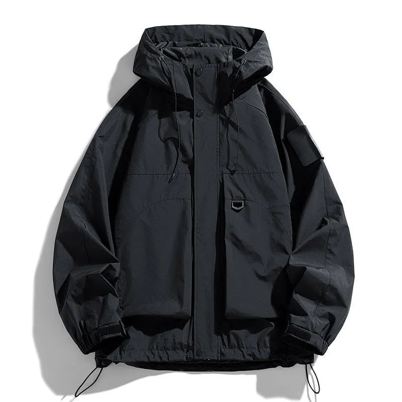 Men's waterproof windproof hooded jacket in polyester blend available in black, ginger yellow, or purple