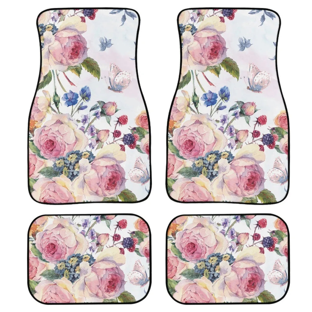 Black universal car rubber floor mat set, 4 pieces with printed pattern and 20mm thickness.