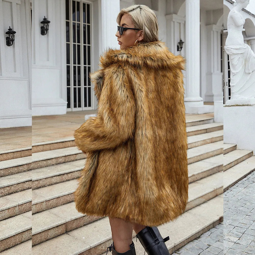 Yellow women's artificial fur coat with regular sleeves and loose casual fit