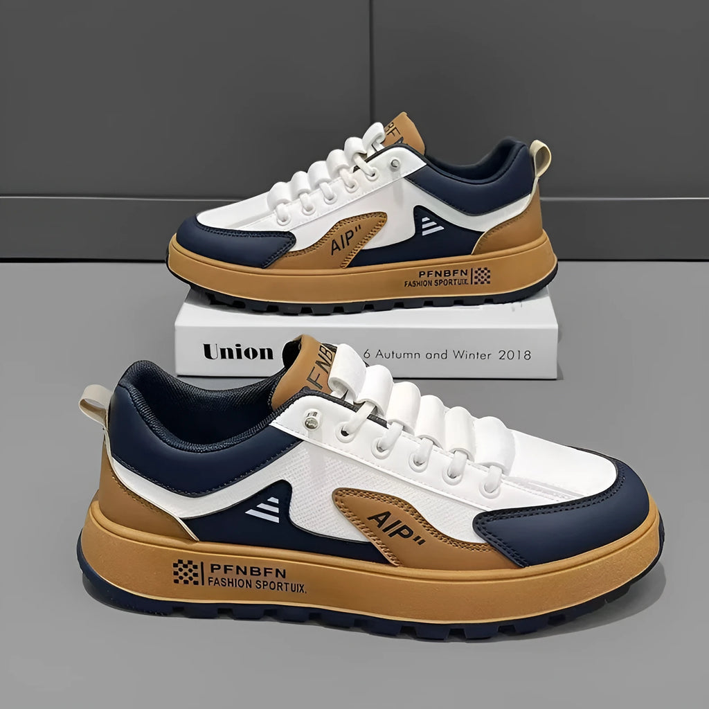 Men's casual shoes in artificial PU with round toe, available in white and orange, white and black, or white and brown colours