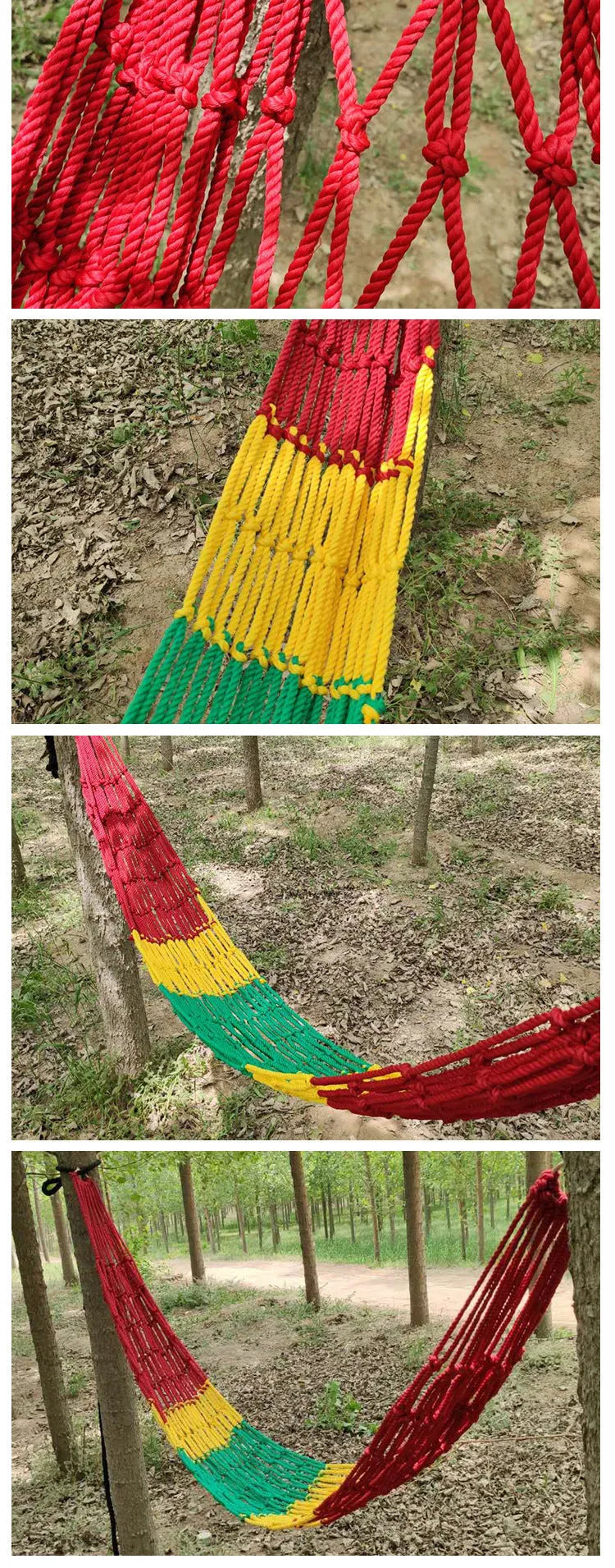 Outdoor nylon rope mesh hammock showing bold weave style, displayed with included tying ropes.