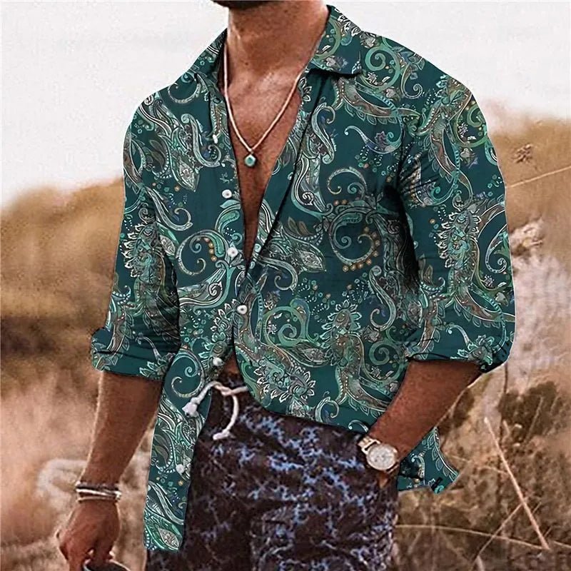 Men's Bohemian style shirt with 3D floral pattern printing, long sleeves and loose fit