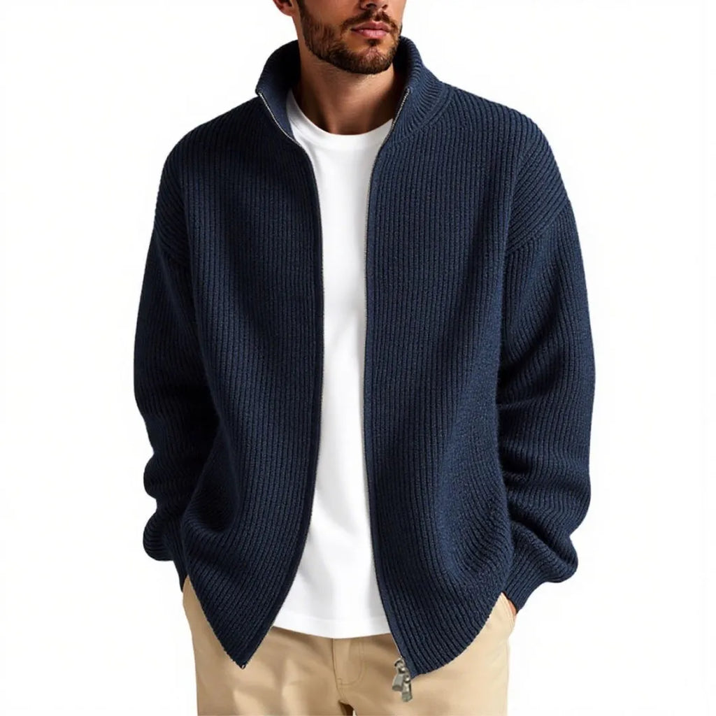 Men's loose-fit cardigan sweater in a grey colour, showing button front and long sleeves.