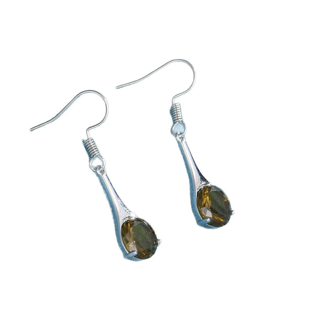 Olive green drop-shaped alloy earrings with minimalist design and electroplated finish