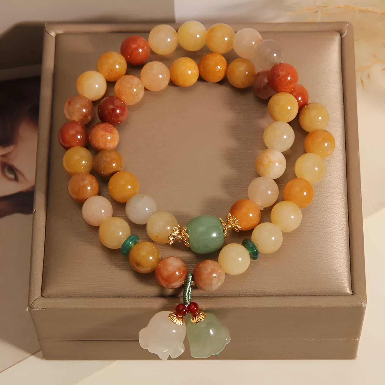 Natural jinsi jade multi-layer bracelet with orchid pendant charm for women