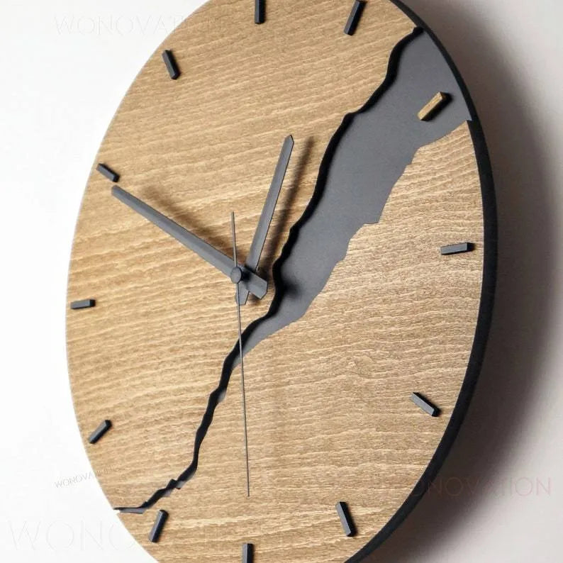 Modern wooden wall clock with creative crack design showing silent sweep movement and 30cm diameter