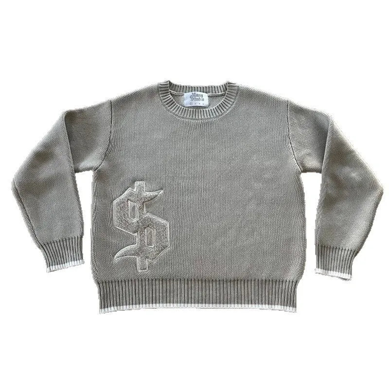 Grey loose-fitting jacquard knitwear coat with long sleeves and pullover style