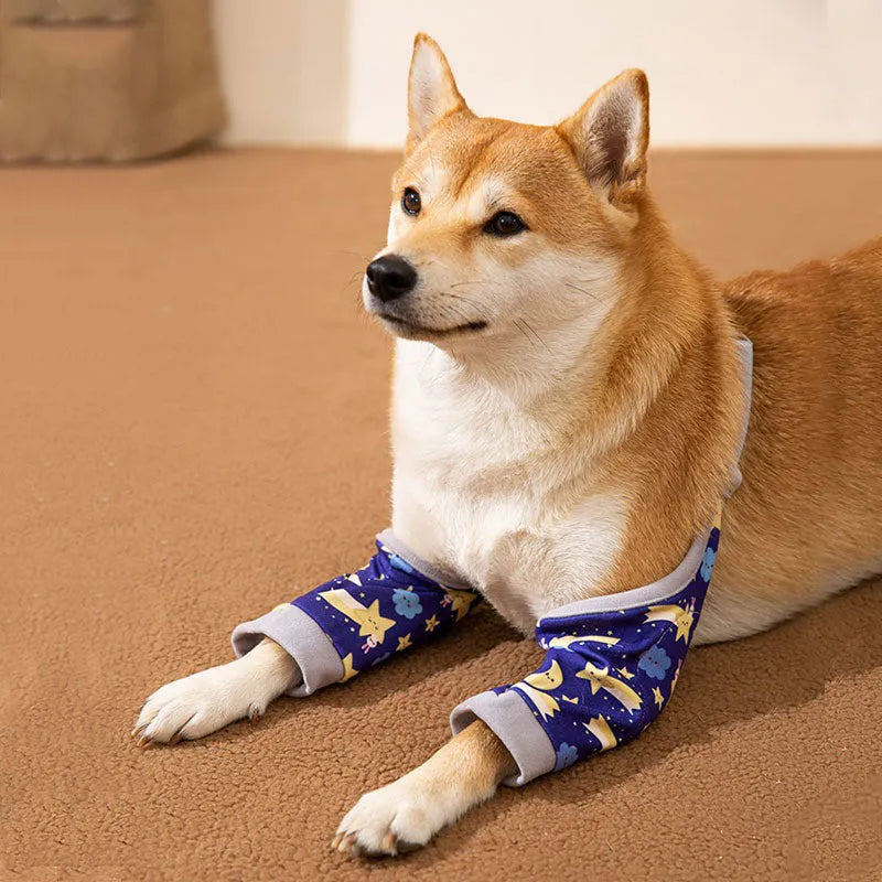 Adjustable dog knee protector with elbow padding and matching scarf in blue, grey or yellow colours