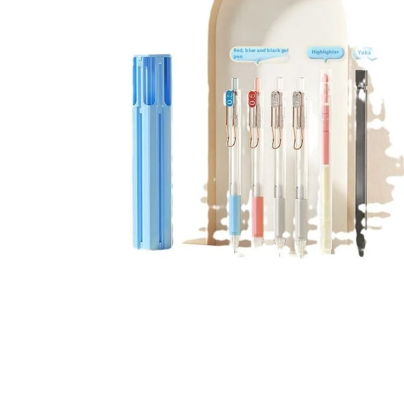 Plastic pencil case designed to hold six pens, shown in sky blue, white, and pink colour options.