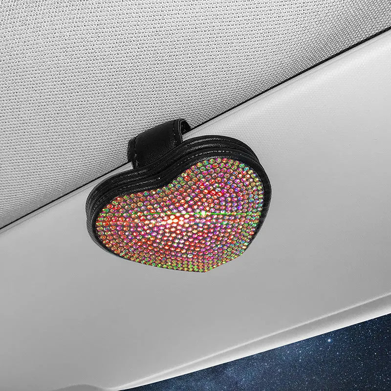 Black PU leather magnetic car sun visor clip holding sunglasses with a slot for tickets.