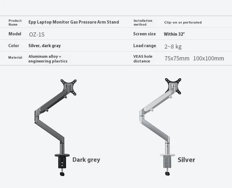 Adjustable aluminum computer stand with air pressure arm bracket in silver or black colour