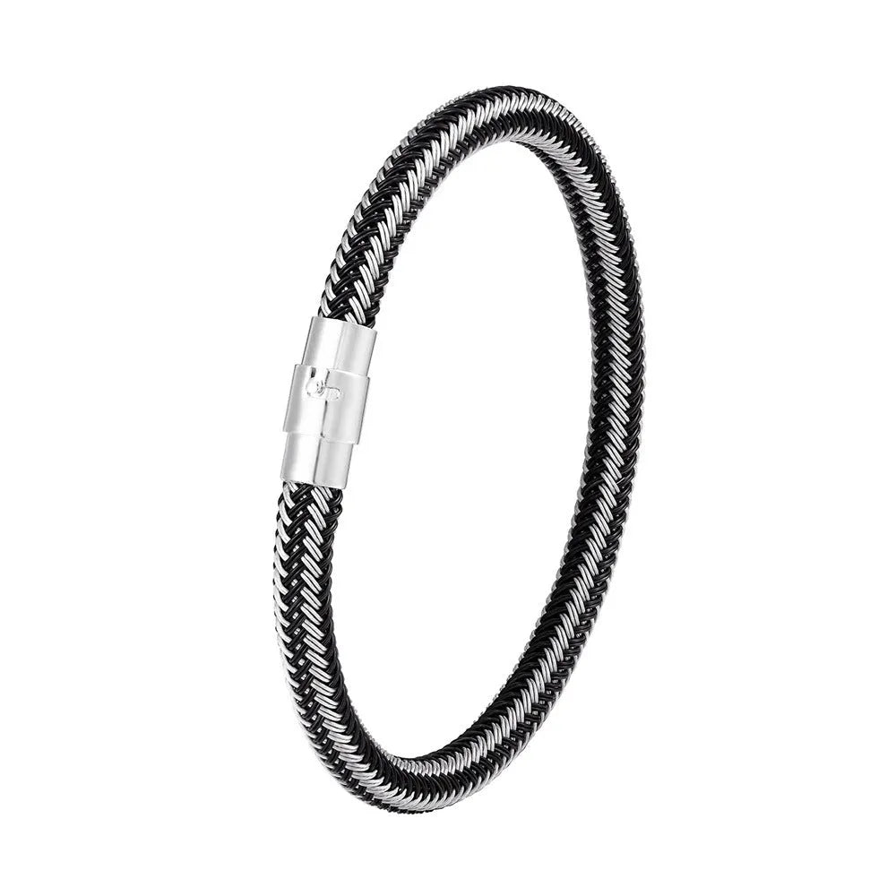 Titanium steel wire bracelet with magnetic clasp and geometric charm in unisex boyfriend style