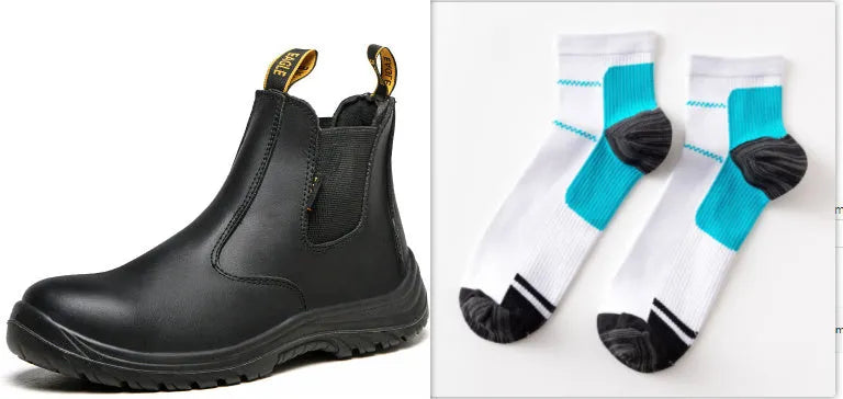 Black high-top leather safety work boots with anti-piercing sole on a work site background.