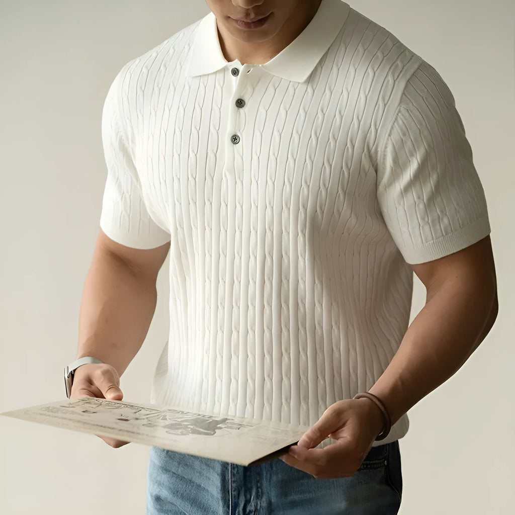 Men's khaki coloured short sleeve business top made from a polyester blend fabric.