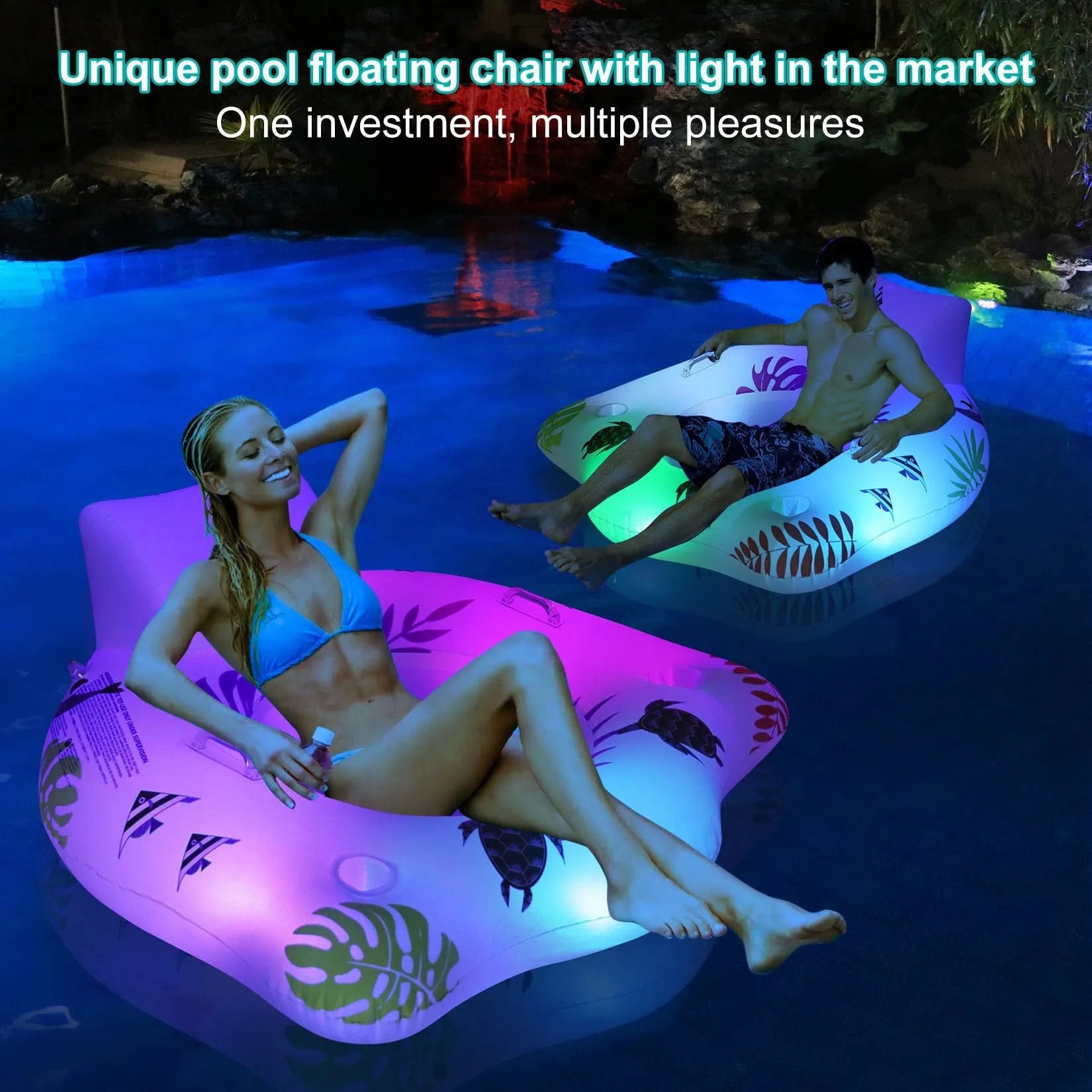 White U-shaped inflatable pool float with LED lights illuminated on water