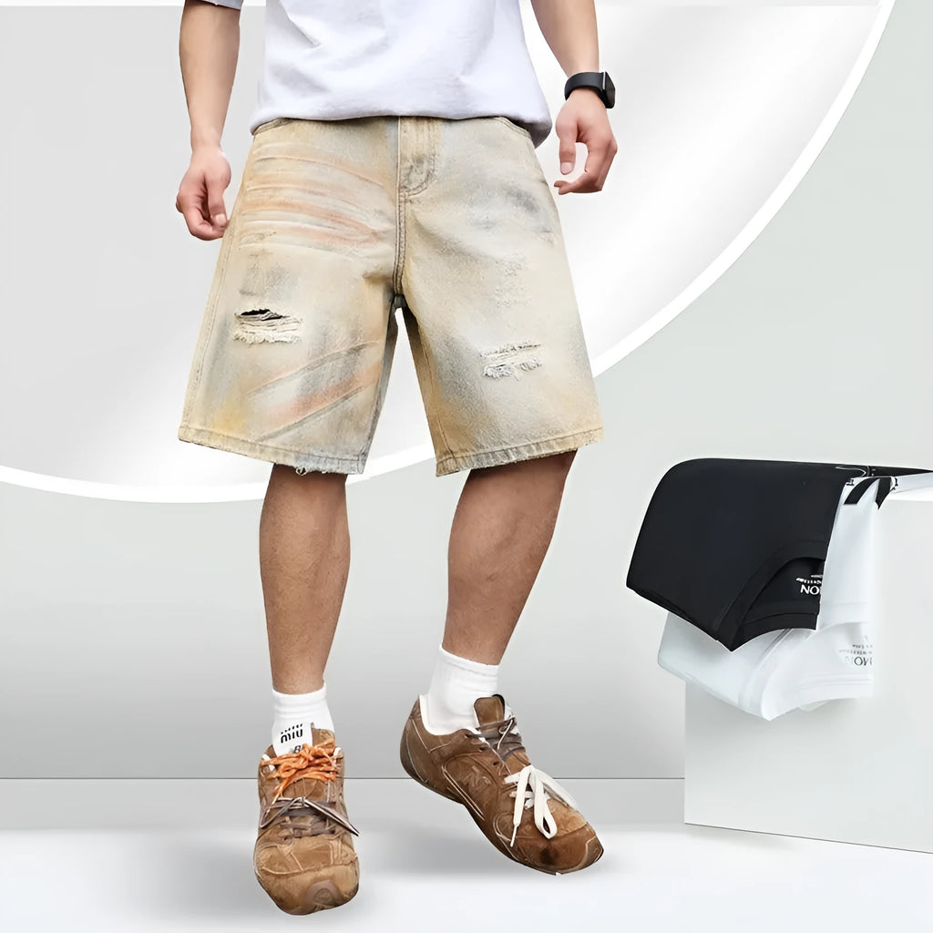 Men's light blue denim shorts with ripped detailing and a straight-leg cut.