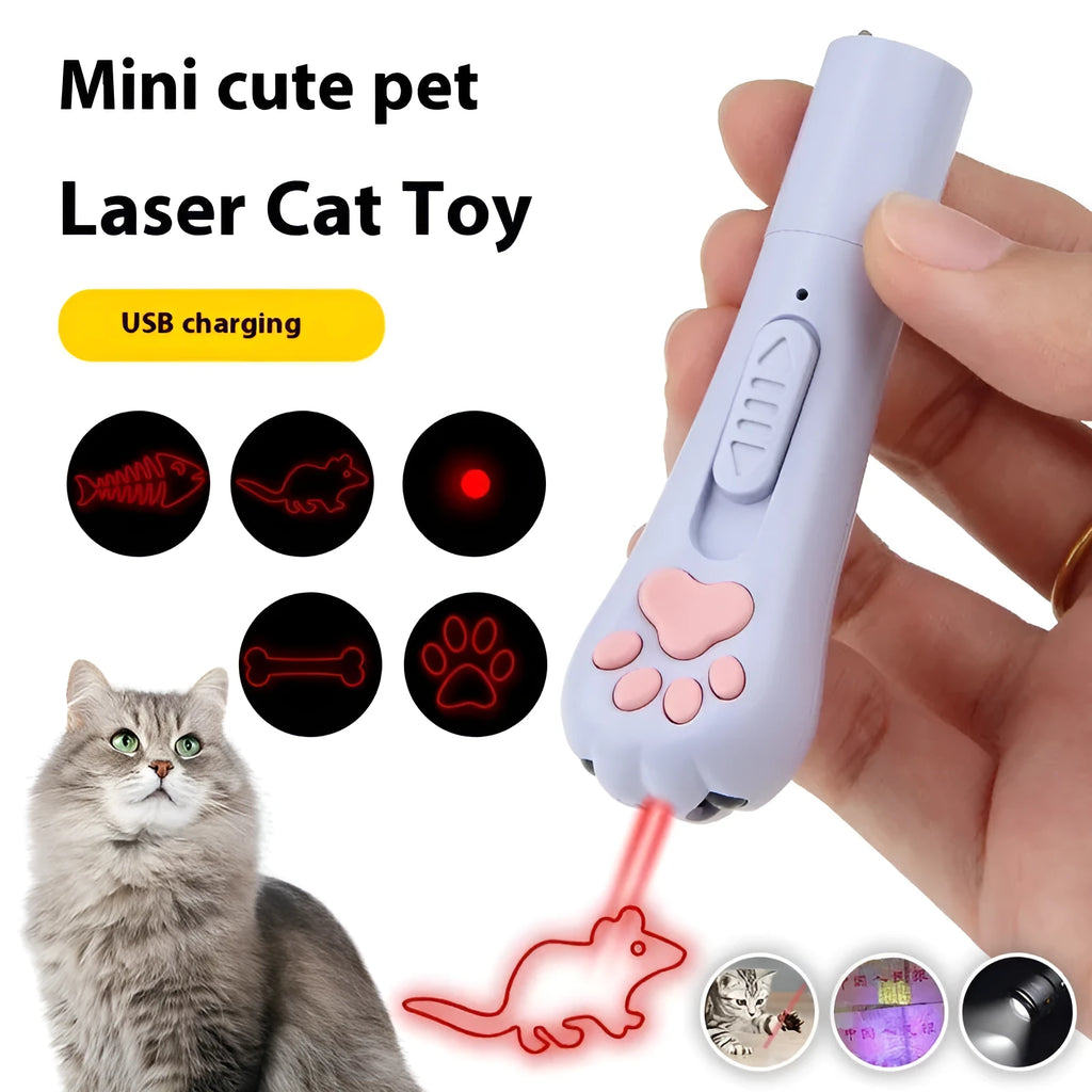 Infrared cat laser toy in blue plastic with five pattern projection functions and included cat teasing stick