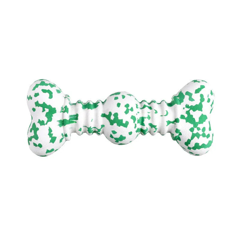 Natural rubber dog chew bone toy for large breeds in camouflage colours, shown in two sizes.