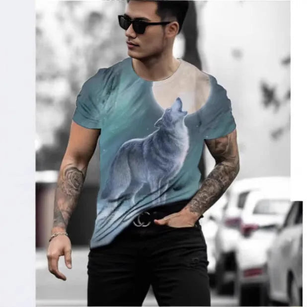Man wearing a retro 3D animal print short-sleeved T-shirt made from lightweight polyester fabric.