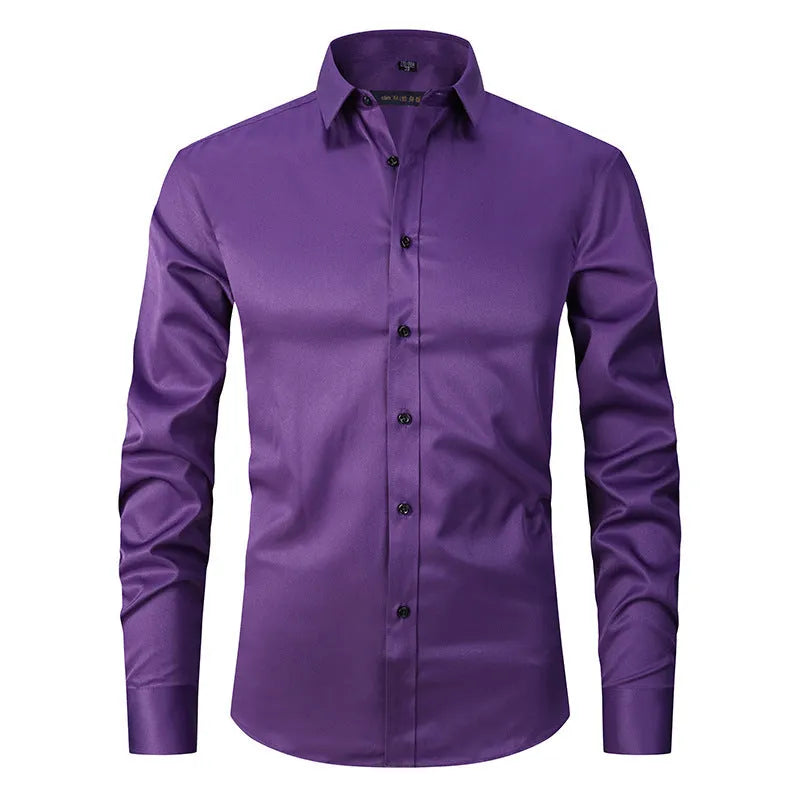 Men's long sleeve stretch work shirt in polyester fabric on a hanger.
