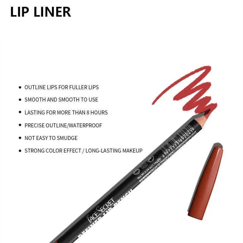 24-hour matte finish lip liner pencil in a range of wood tone shades on a white background.