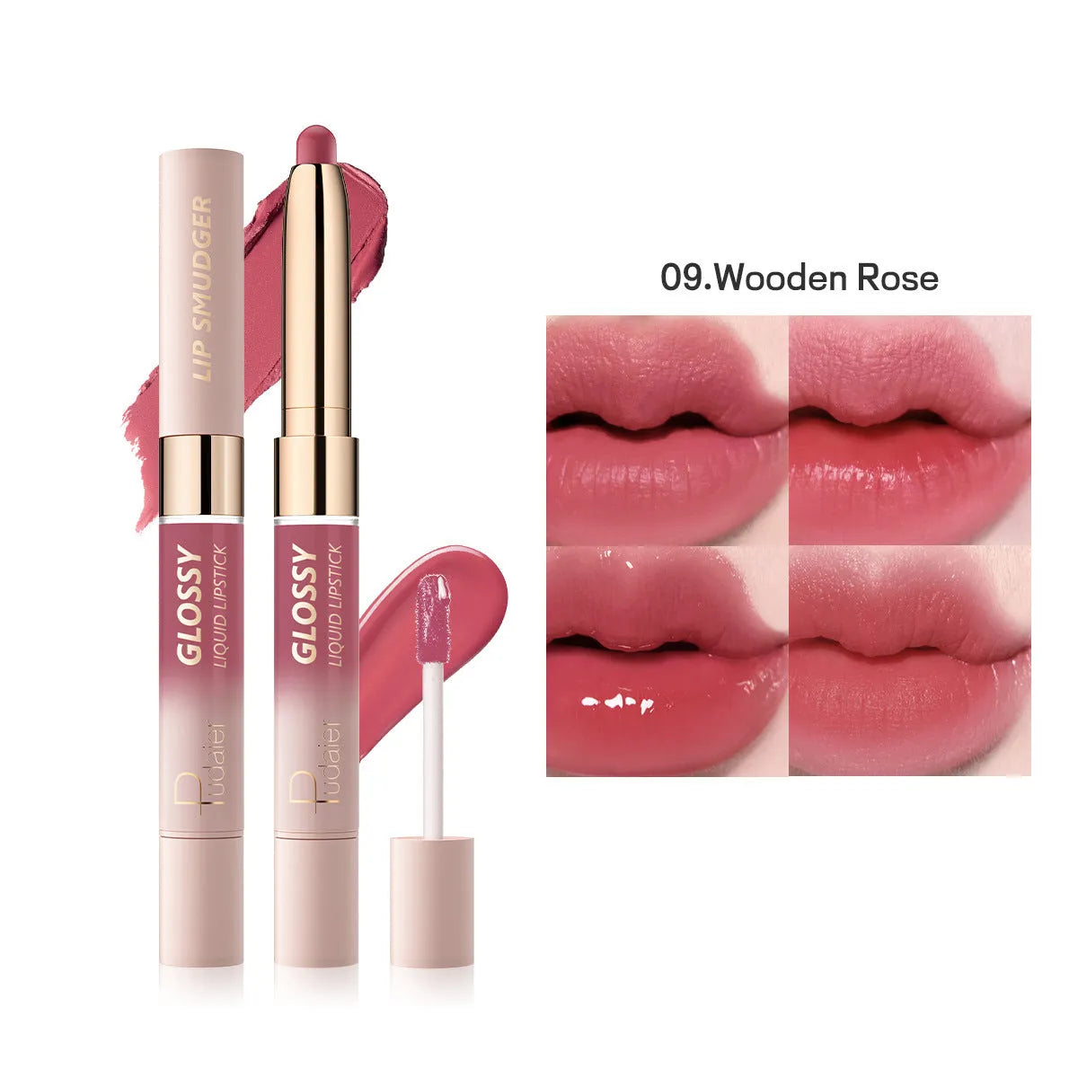 Double-headed lipstick lip gloss in matte finish showing ten different colour options from 01 to 10.