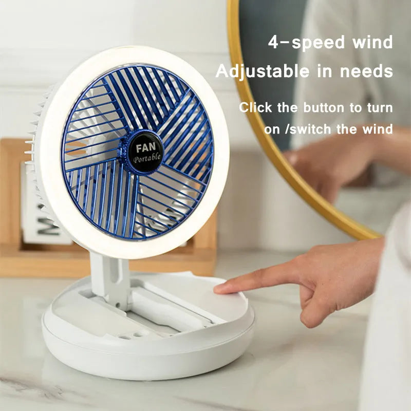 Blue foldable USB desk fan with LED light showing wall mount bracket and pen holder