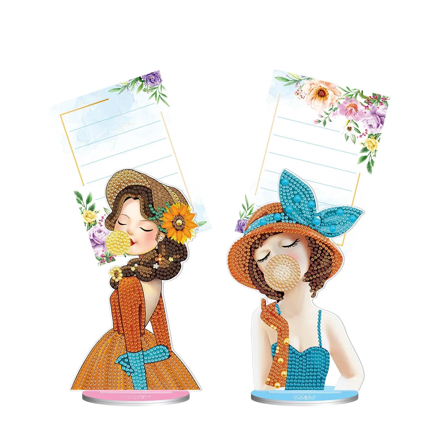 Handmade frameless desktop note clip holding a diamond painting, measuring 19cm wide.