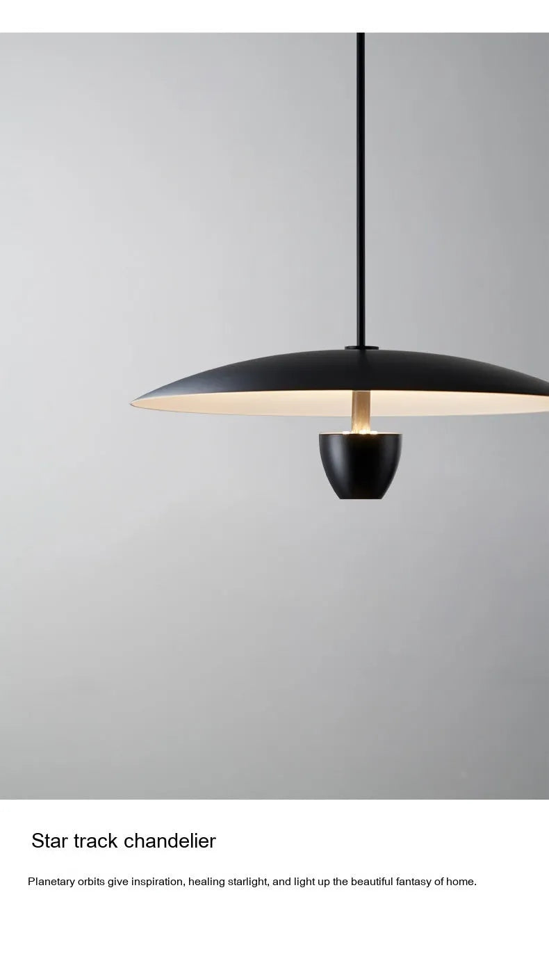 Black modern minimalist ceiling chandelier with warm white light, 400mm wide.