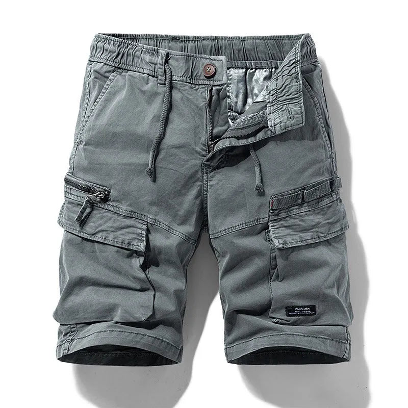 Men's cotton summer shorts with zipper closure and multiple pockets in army green colour