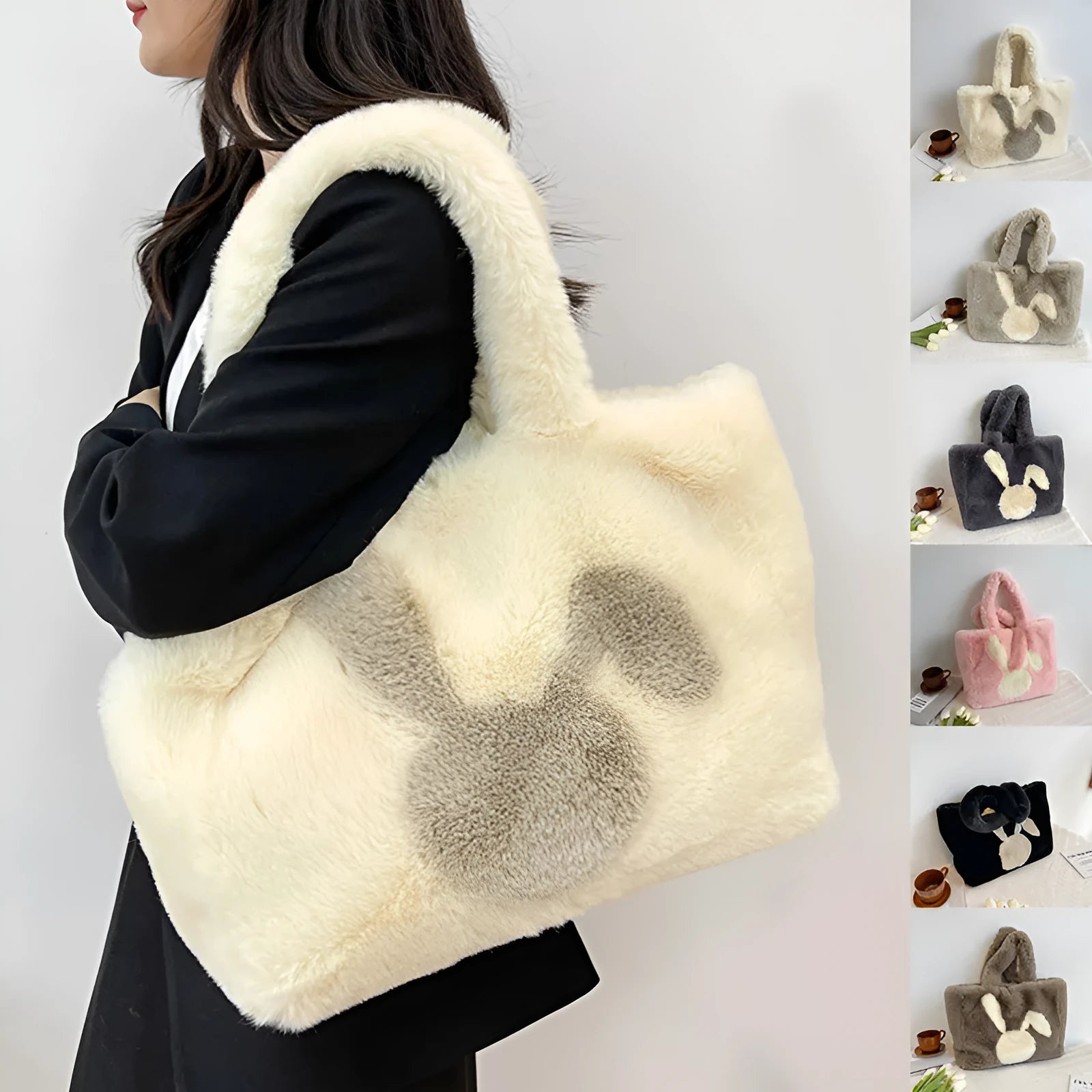 Plush rabbit ears tote bag in solid colour with shoulder strap and large capacity design