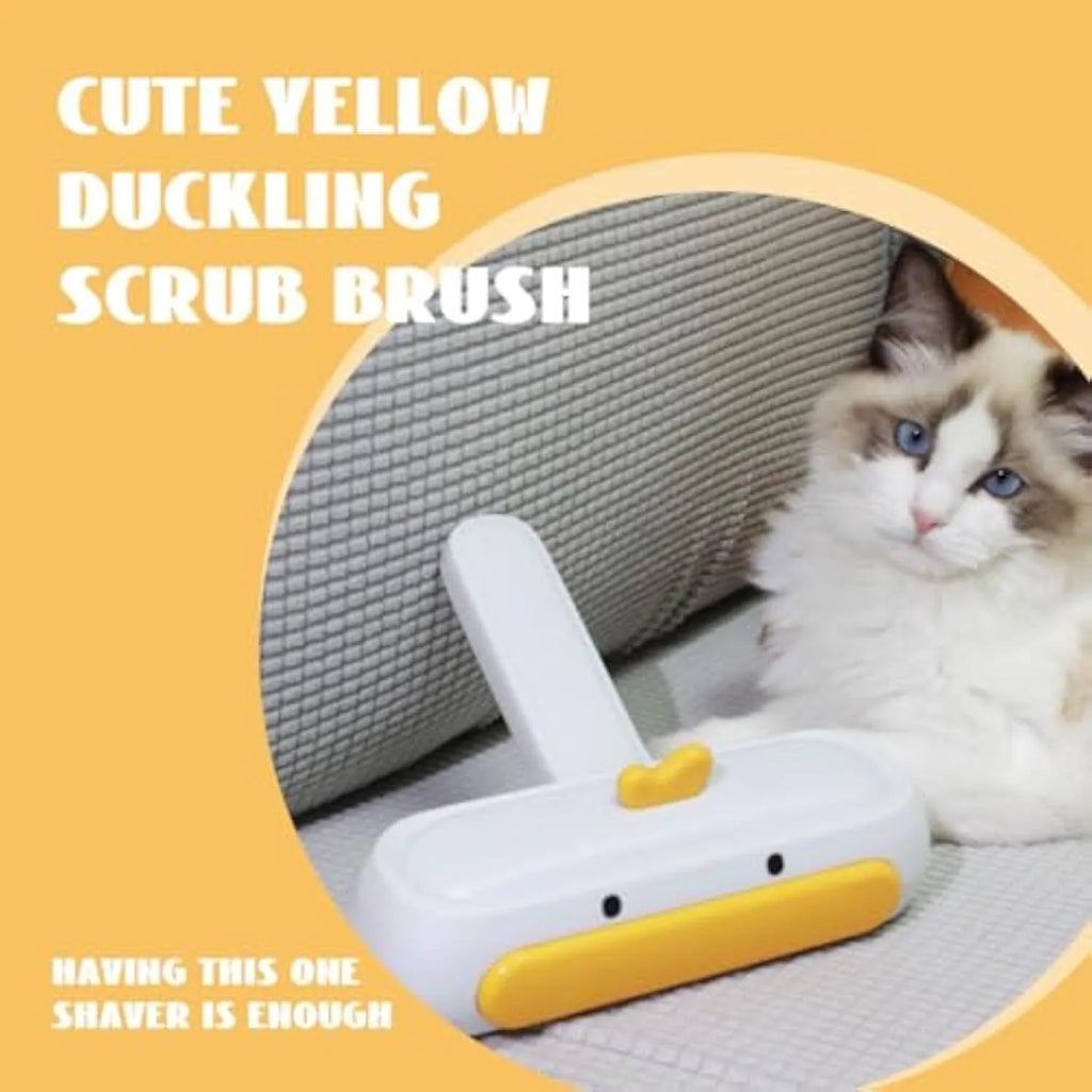White portable pet hair remover tool with yellow duck cartoon design and polyester bristles